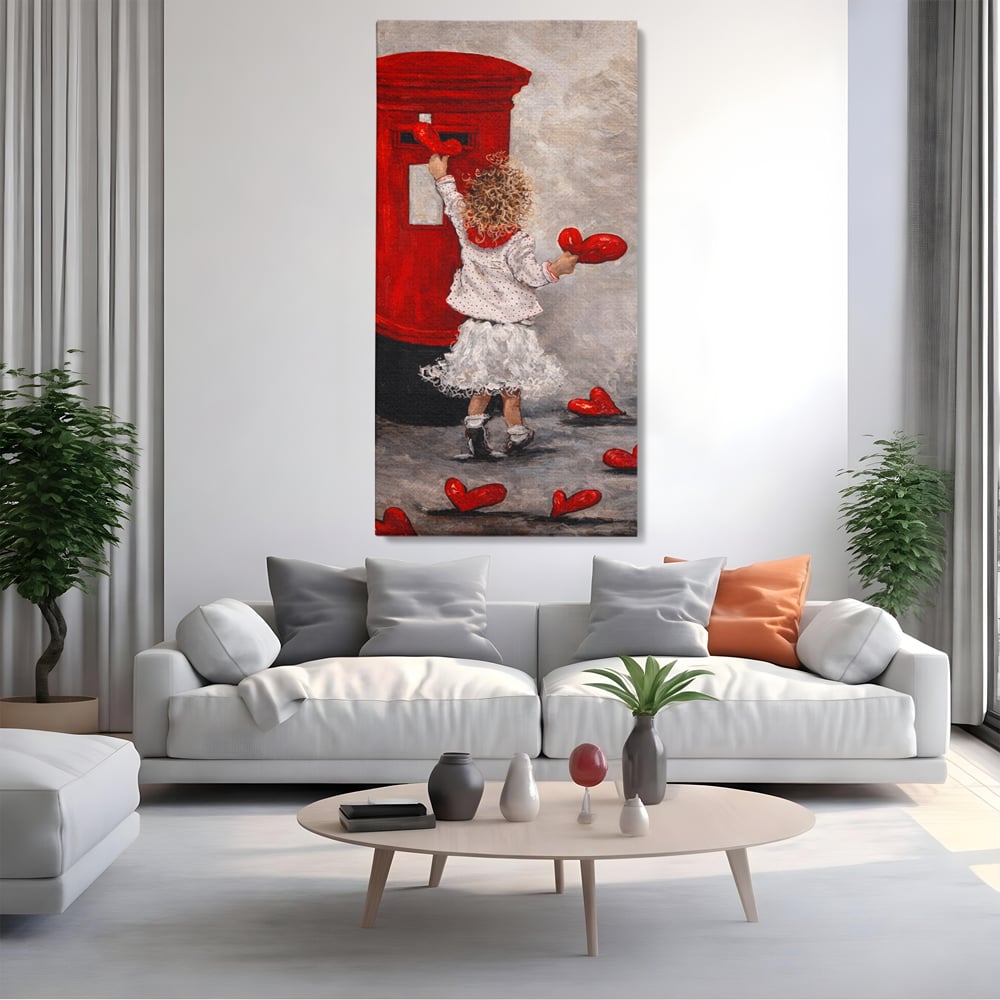 Tablou canvas cu pictura cu fetita si cutie postala, fara rama, pe sasiu de lemn, pe perete intr-un living
